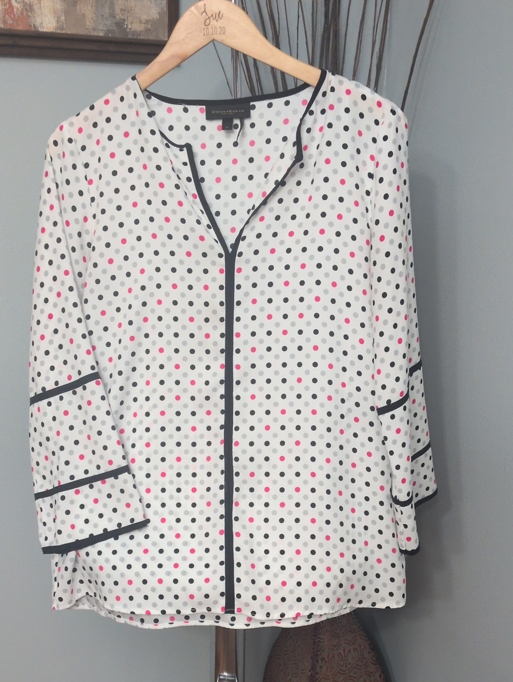Donna Karan White Polka Dot Blouse with Pink and Black Dots